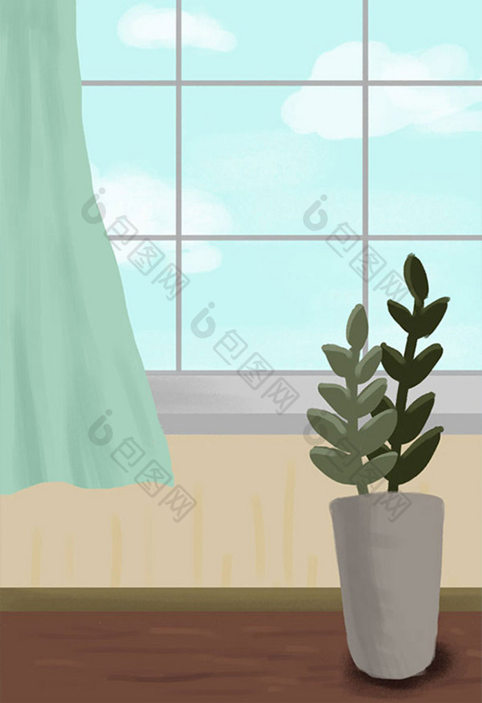 夏季蓝天室内窗户窗帘手绘插画背景
