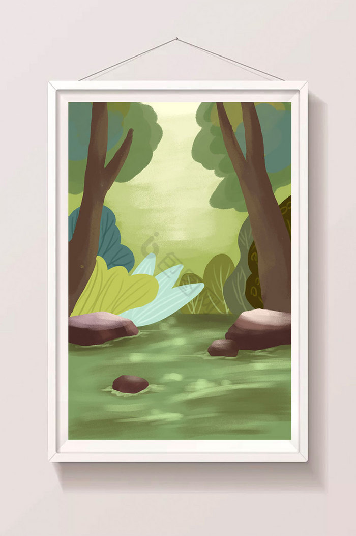 森林树木河流插画图片