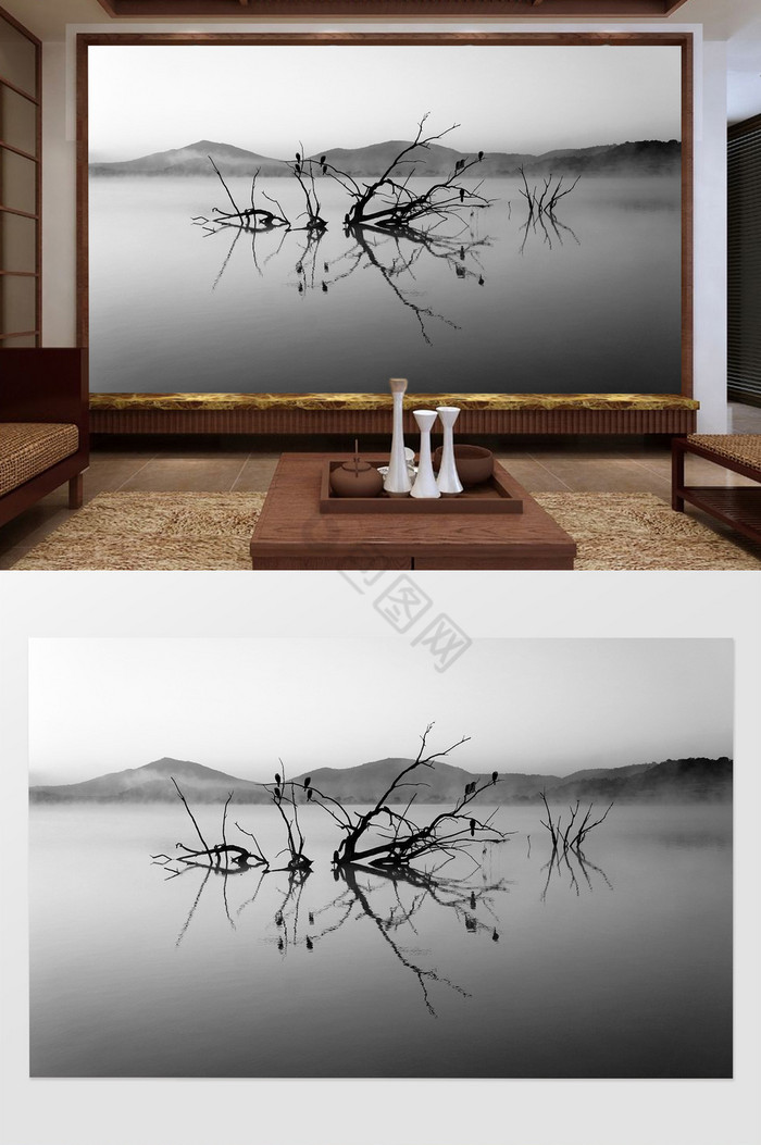 新中式水墨山水树枝装饰电视背景墙图片