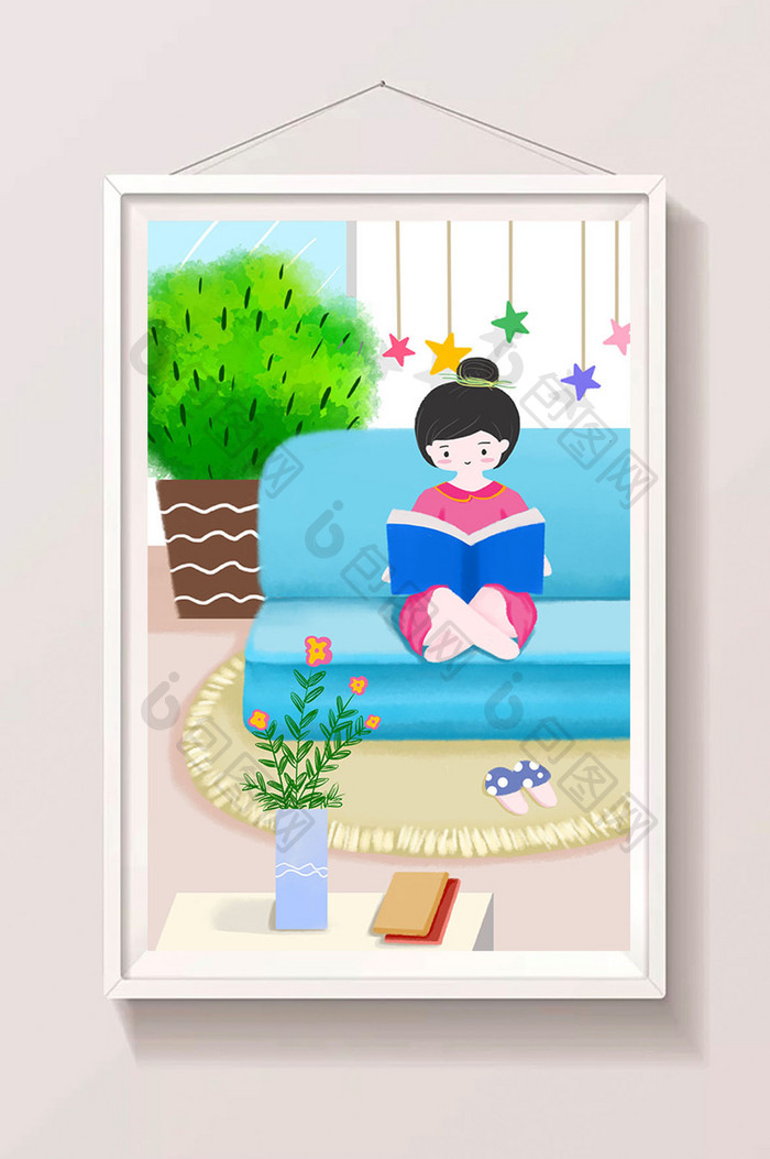 清凉夏日暑假小女孩在家看书手绘插画