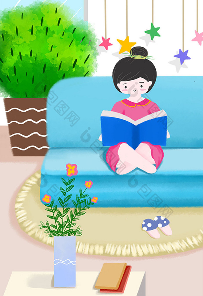 清凉夏日暑假小女孩在家看书手绘插画