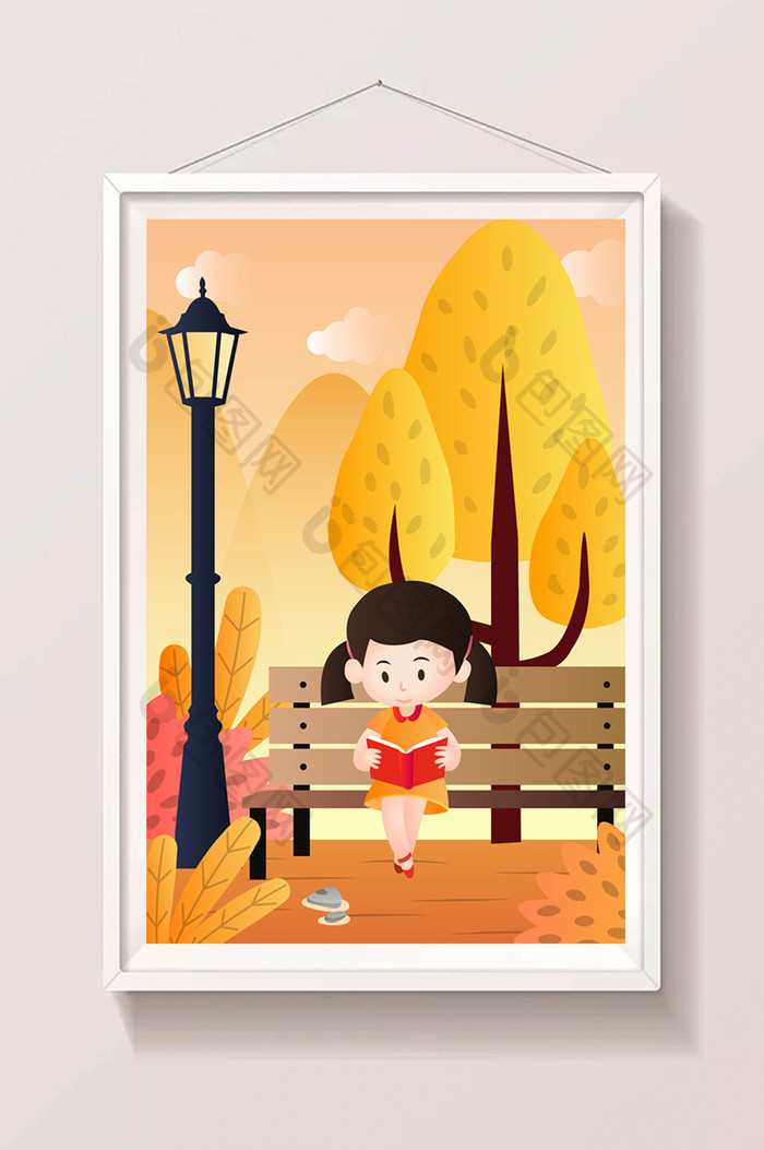 立秋橙色女孩郊外座椅上看书插画