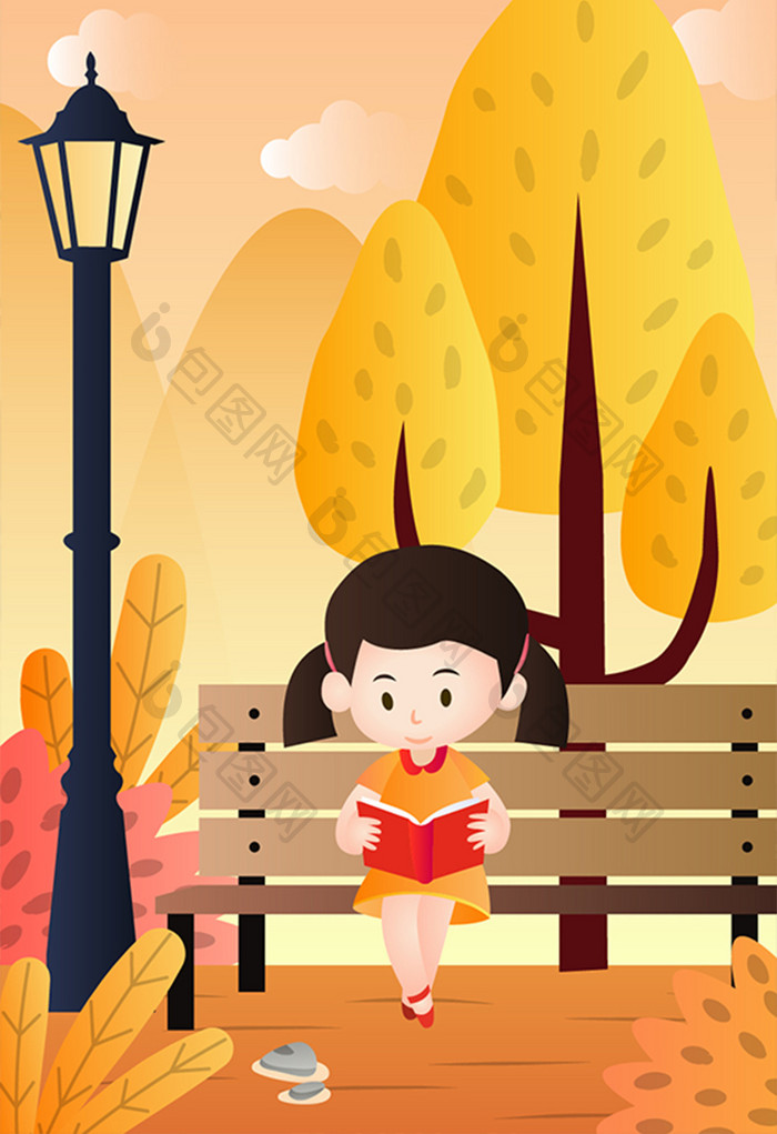 立秋橙色女孩郊外座椅上看书插画