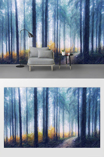蓝色油画森林小清新自然客厅背景墙图片
