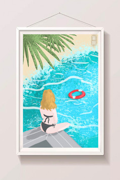 清新黄色节气立秋女孩郊外放风筝插画