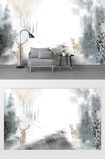 北欧手绘水墨抽象麋鹿森林背景墙图片