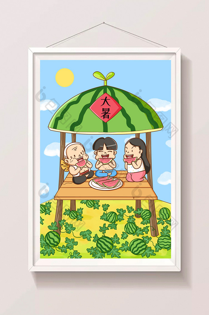 可爱大暑节气暑期避暑小孩老爷爷吃西瓜插画