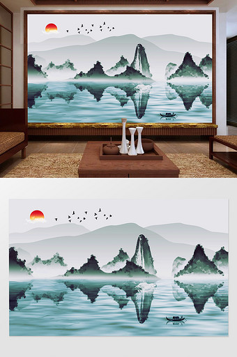 新中式水墨意境风客厅电视背景墙图片