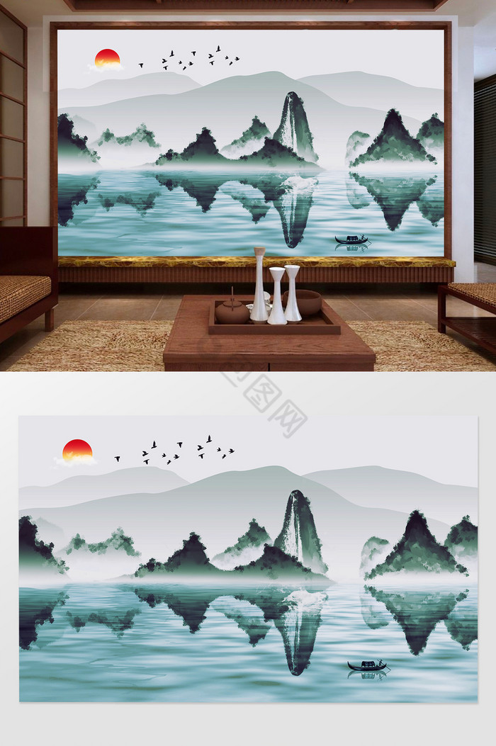 新中式水墨意境风客厅电视背景墙图片