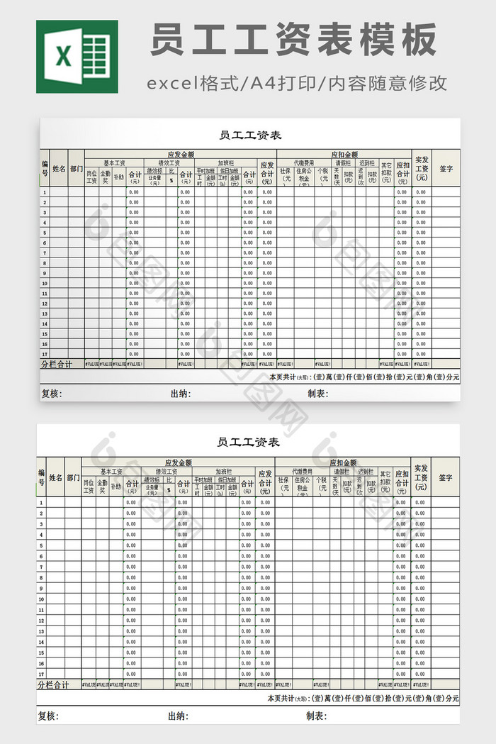 员工工资表模板excel模板