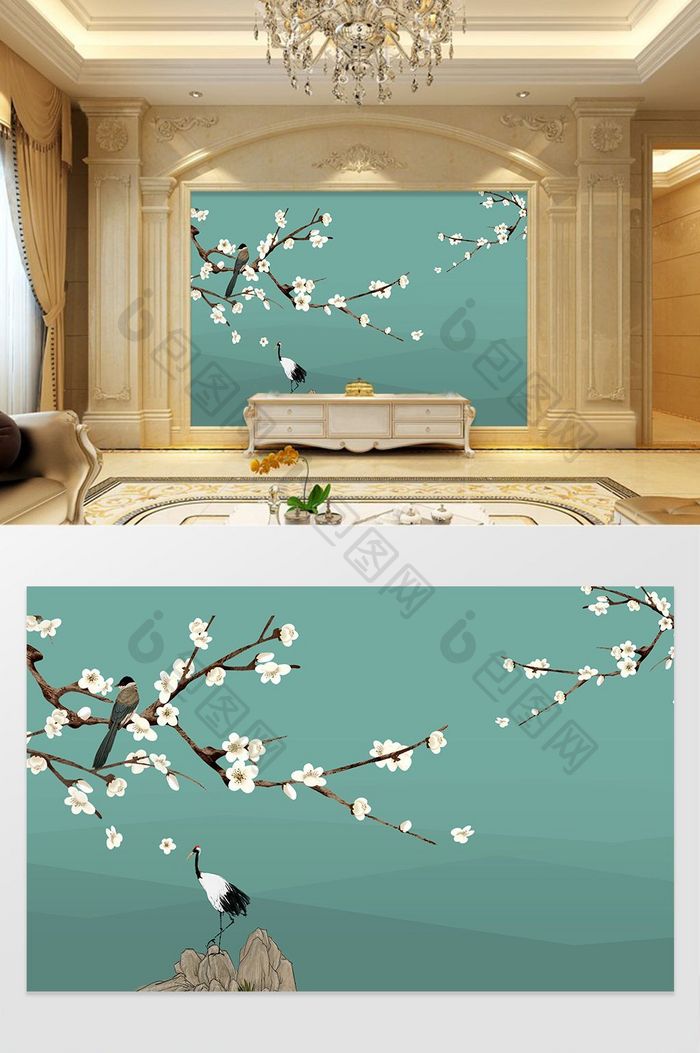 新中式手绘写意国画树枝鸟背景墙