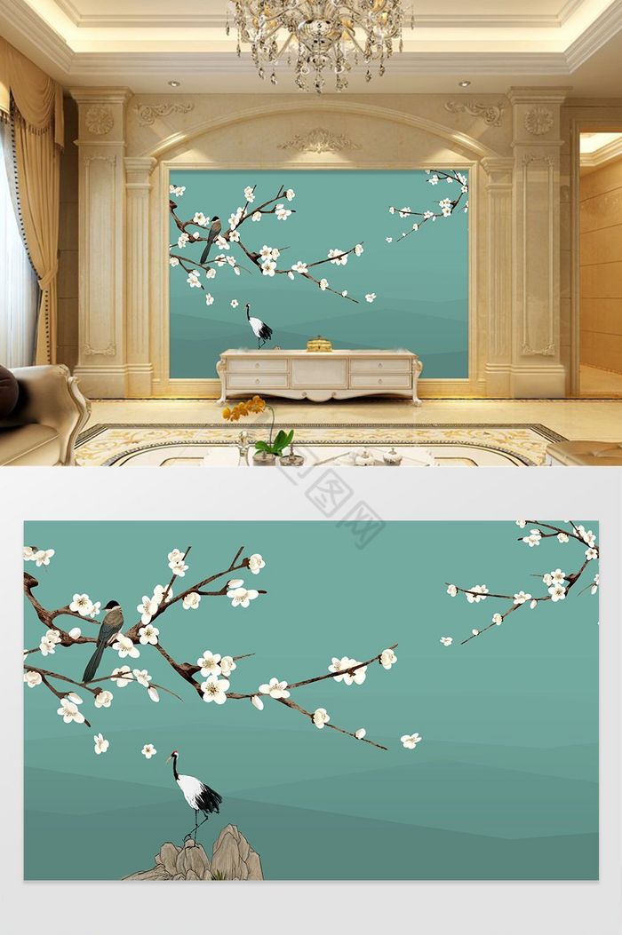 新中式手绘写意国画树枝鸟背景墙图片