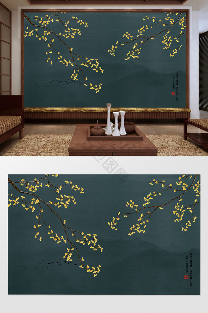 中式手绘银杏叶背景墙装饰画
