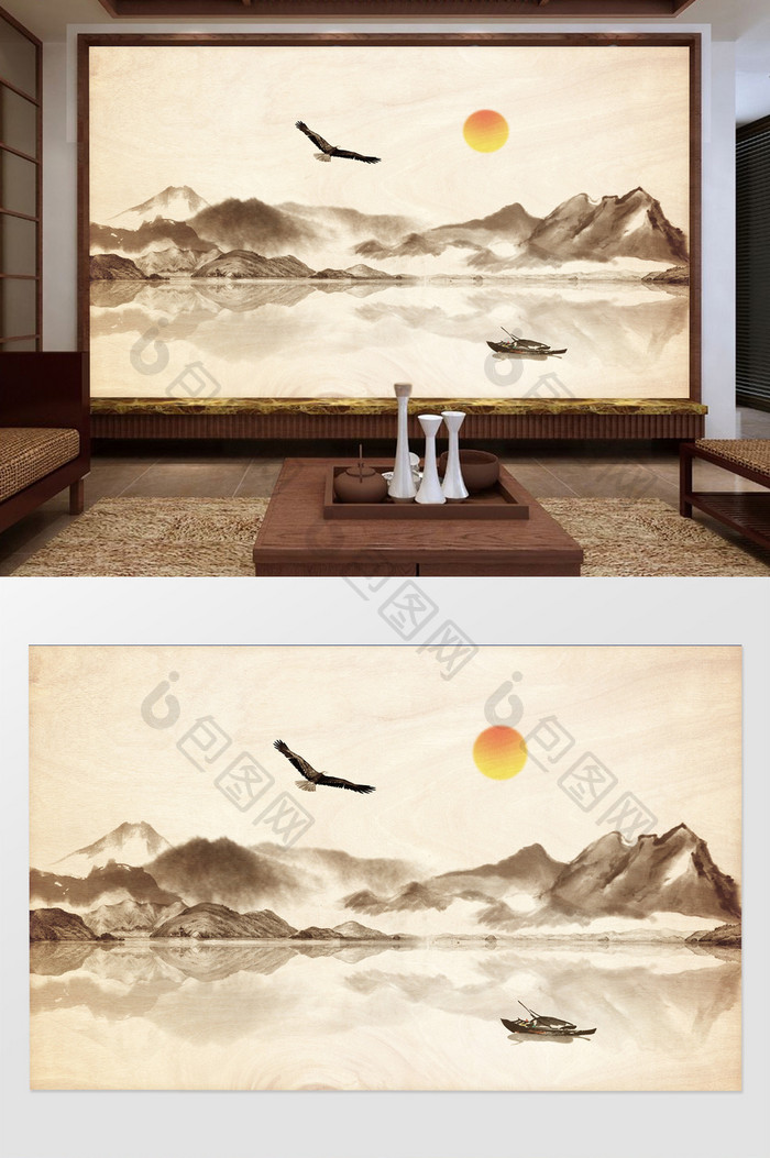新中式诗意飞鹰小舟远山太阳倒影背景墙装饰