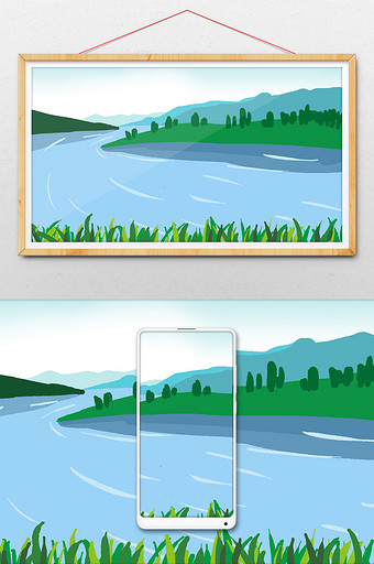 小清新漫画卡通风景远山湖水河流壁纸桌面背图片