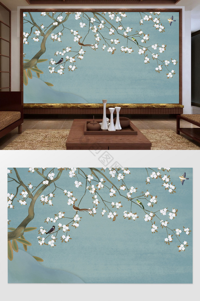 中式写意实手绘花鸟电视机背景墙图片