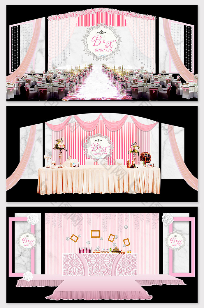 现代简约大理石纹粉色婚礼场景模型