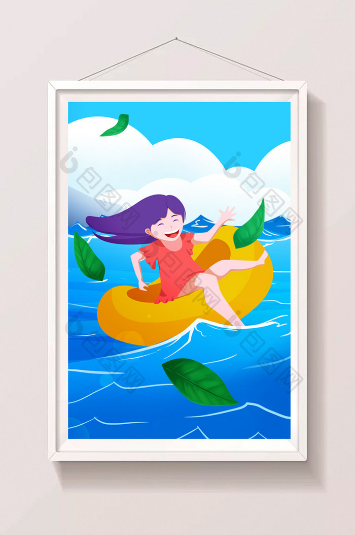 小清新卡通女孩暑假冲浪游玩大暑节气插画