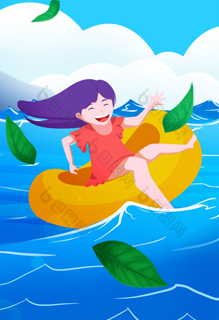 小清新卡通女孩暑假冲浪游玩大暑节气插画