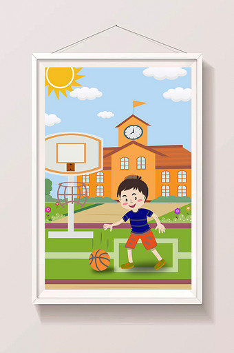 清新学校户外篮球场打篮球暑假生活插画图片