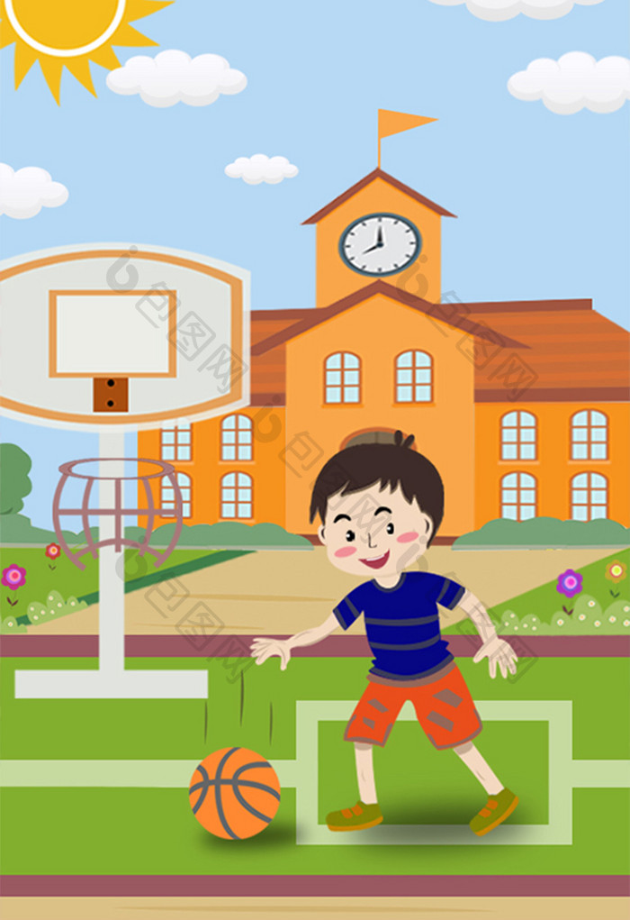 清新学校户外篮球场打篮球暑假生活插画