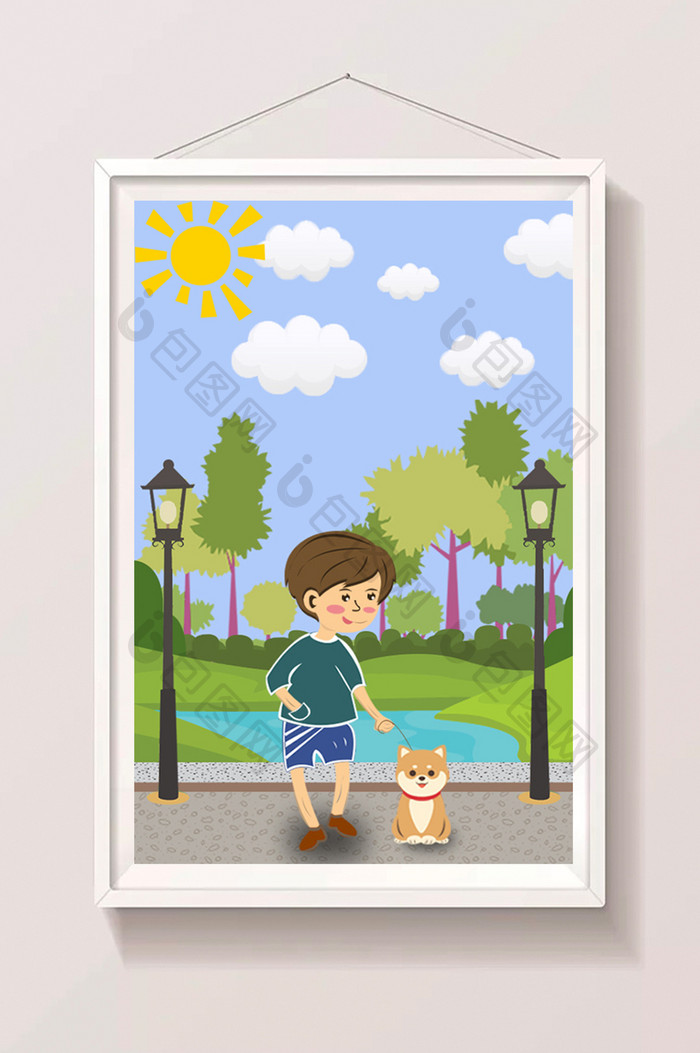 清新公园户外遛狗男孩散心暑假生活插画