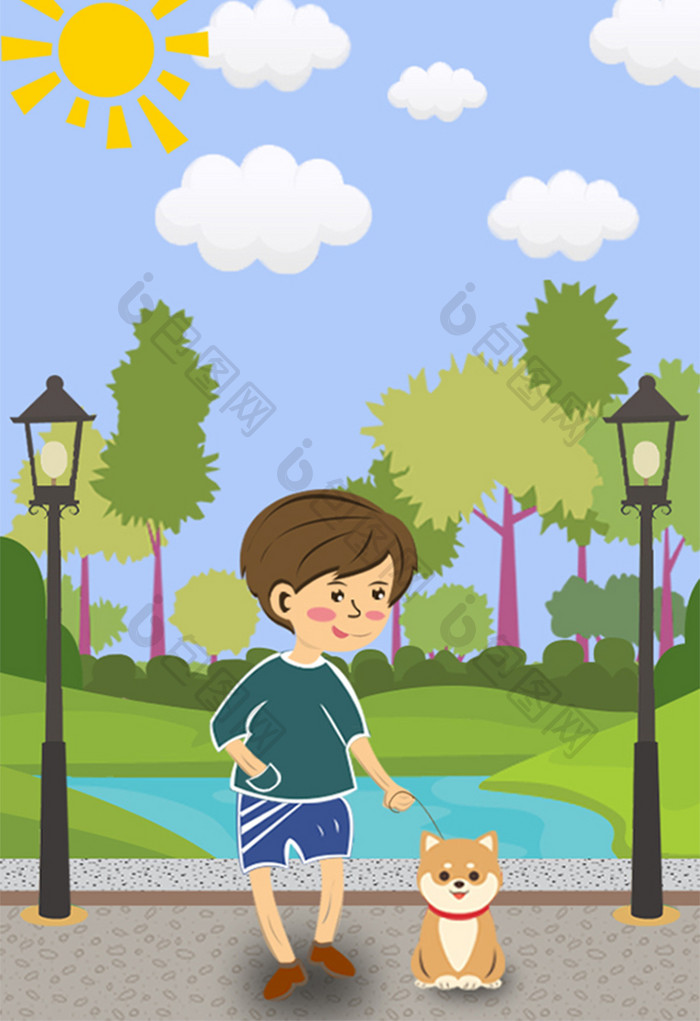 清新公园户外遛狗男孩散心暑假生活插画