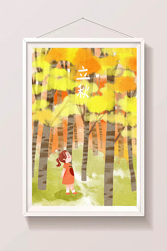 清新黄色节气立秋女孩在枫叶林中图片