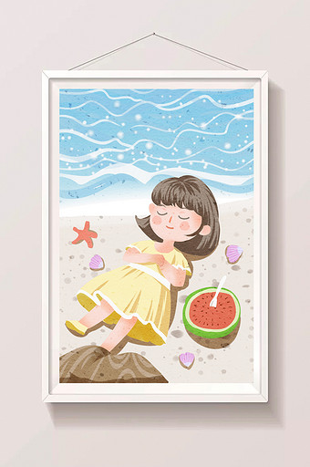 清新卡通可爱女孩夏天海边度假节气大暑插画图片