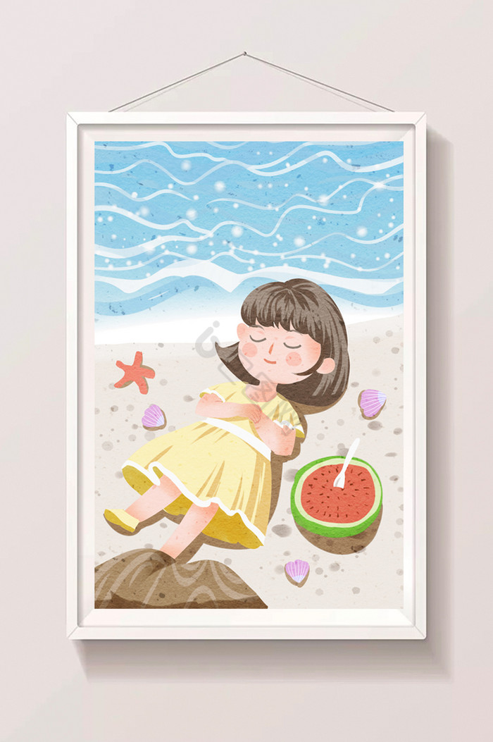 女孩夏天海边度假节气大暑插画图片