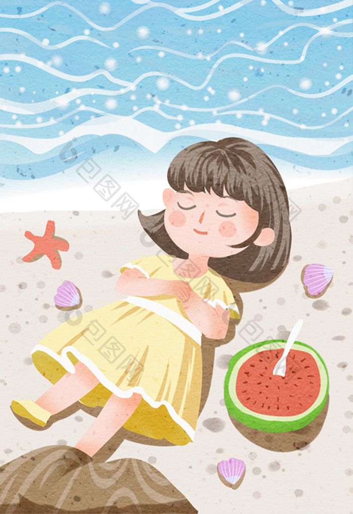 清新卡通可爱女孩夏天海边度假节气大暑插画