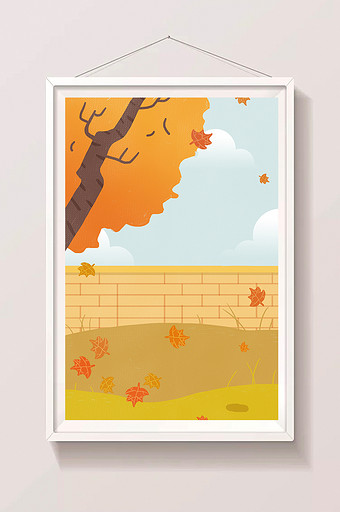 卡通手绘初秋墙壁大树风景图片