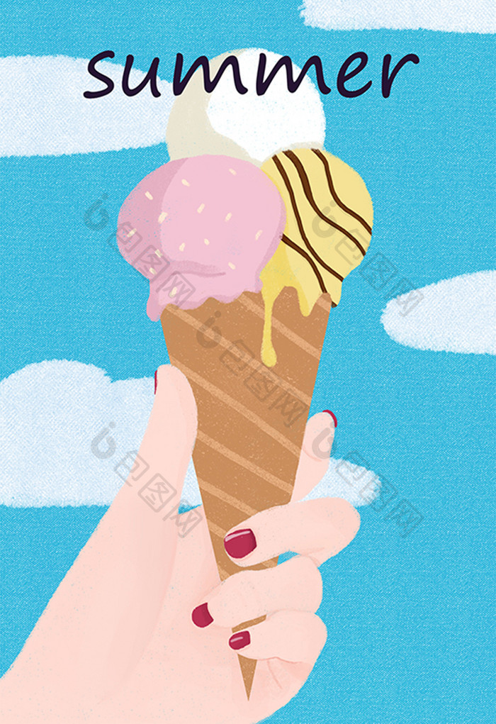 夏天暑假冰淇淋小清新扁平风卡通插画