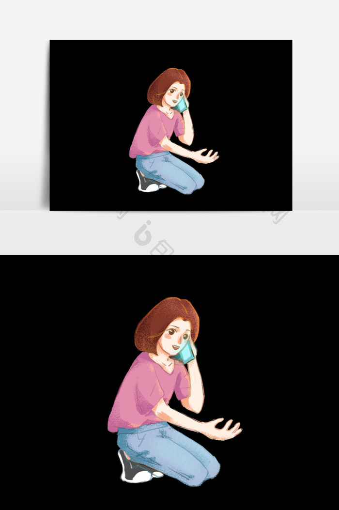 水彩女孩  卡通表情图片 小女孩矢量 插画 女孩表情 打电话卡通  卡通