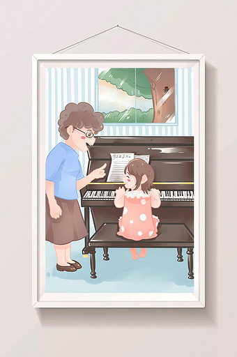蓝色简约可爱卡通暑期钢琴培训课插画图片