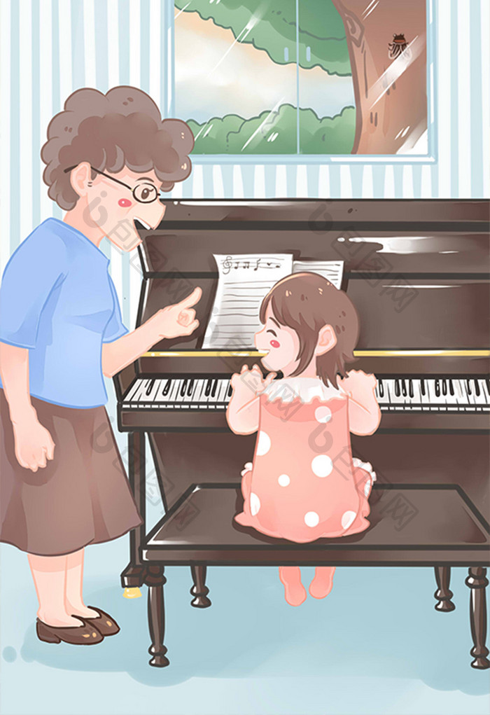 蓝色简约可爱卡通暑期钢琴培训课插画