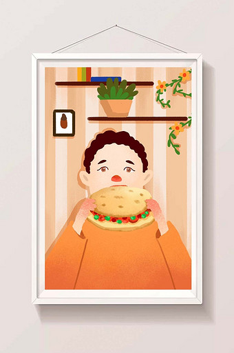 小清新手绘美食男孩吃肉夹馍插画图片