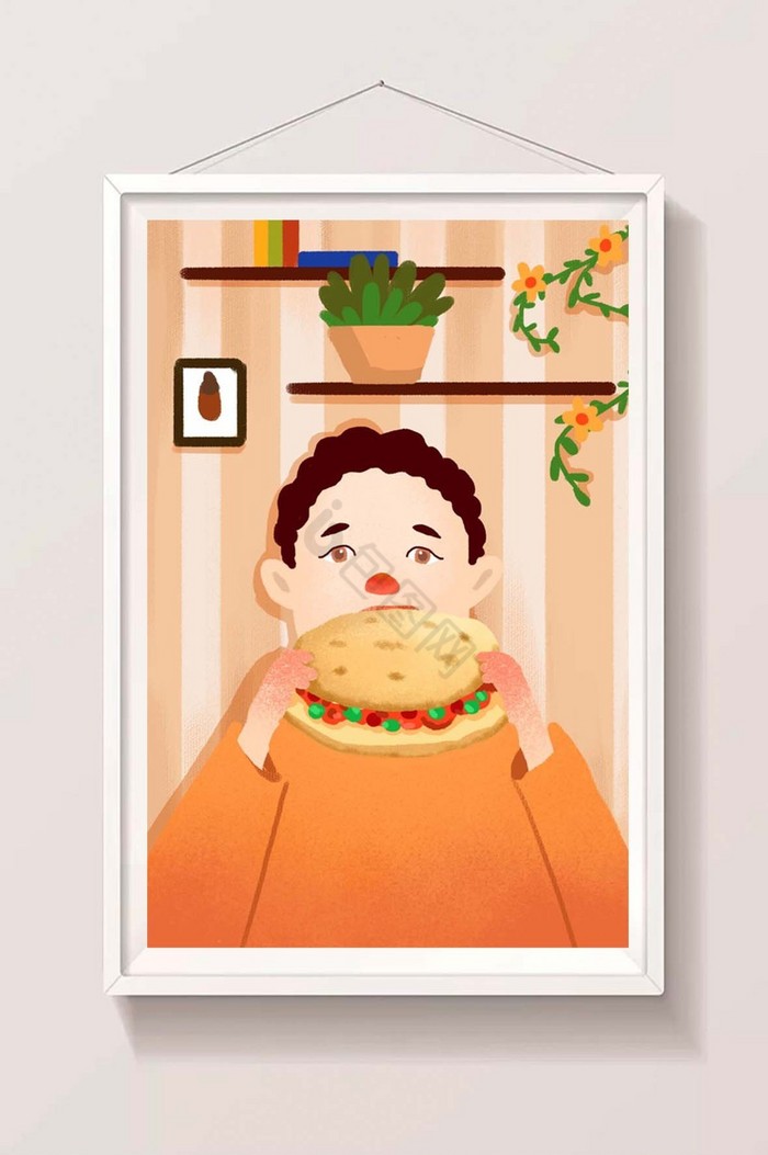 男孩吃肉夹馍插画图片