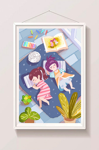 小清新学生暑假靠枕的日常插画图片