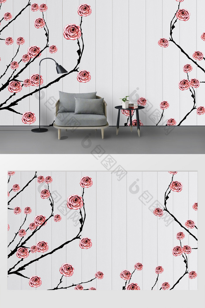 粉色花卉白色木板定制背景墙