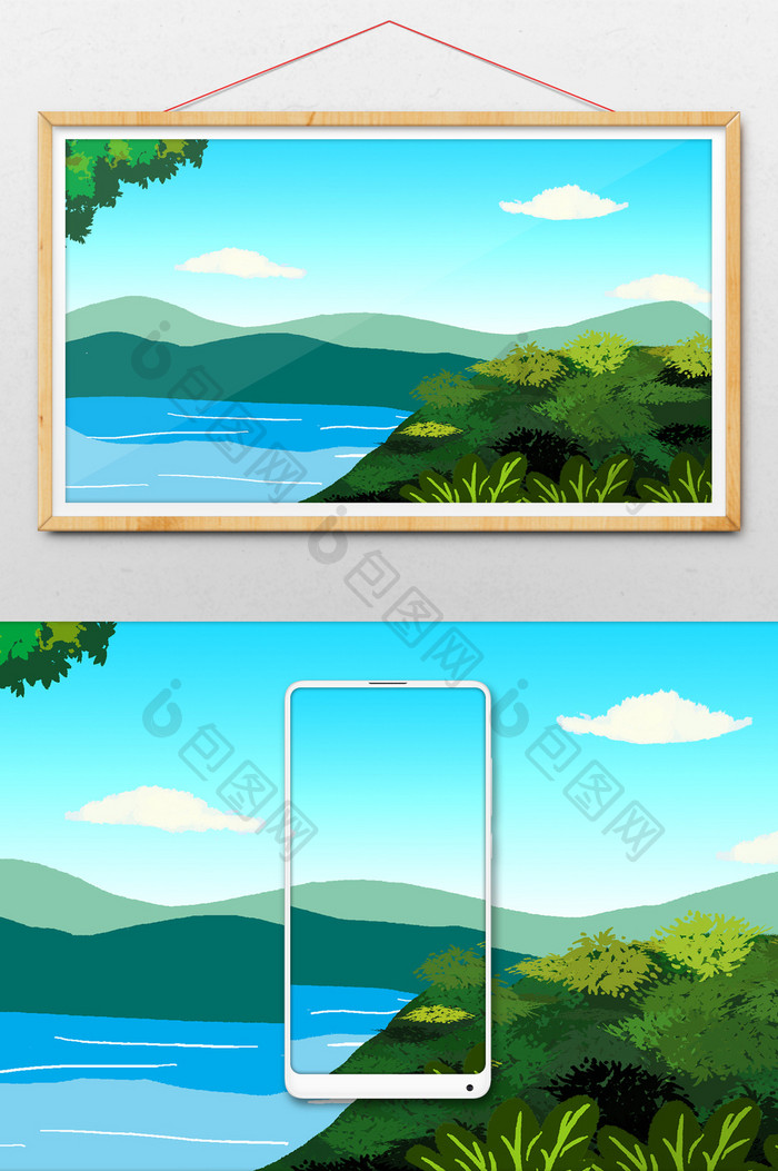 小清新漫画湖水河流蓝天白云青山绿水 图片下载 包图网