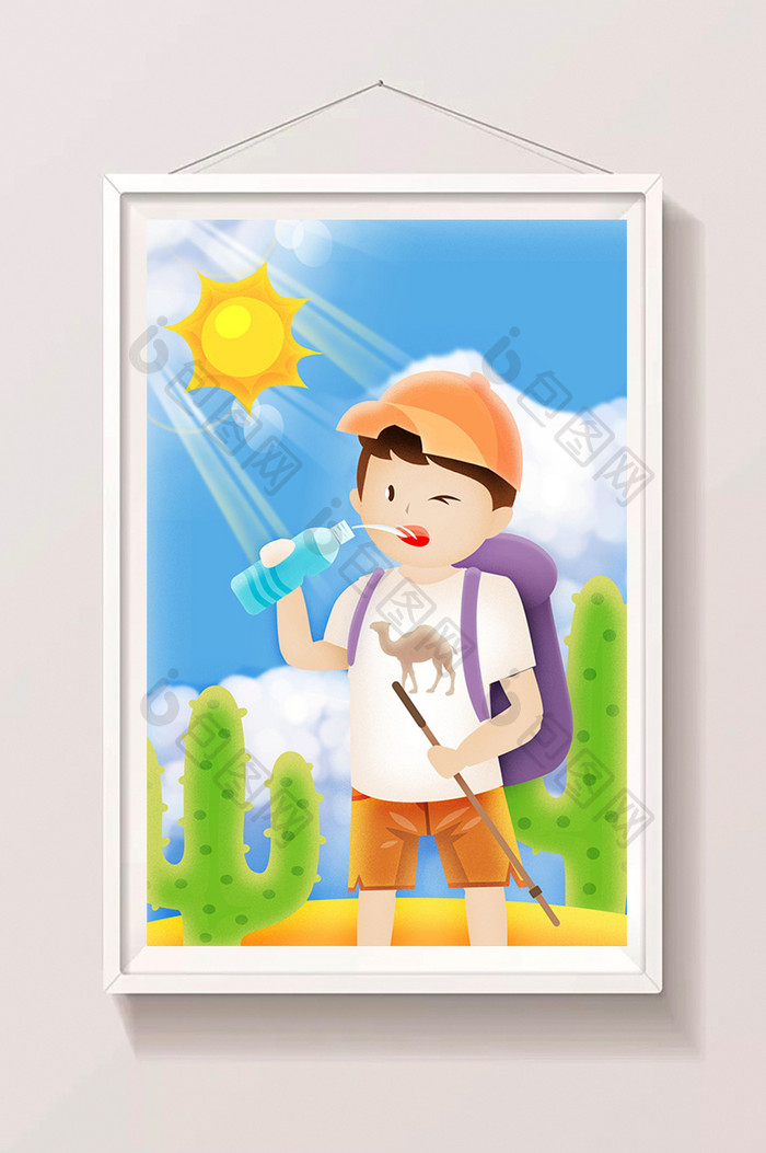 唯美清新夏日暑假男孩徒步插画设计
