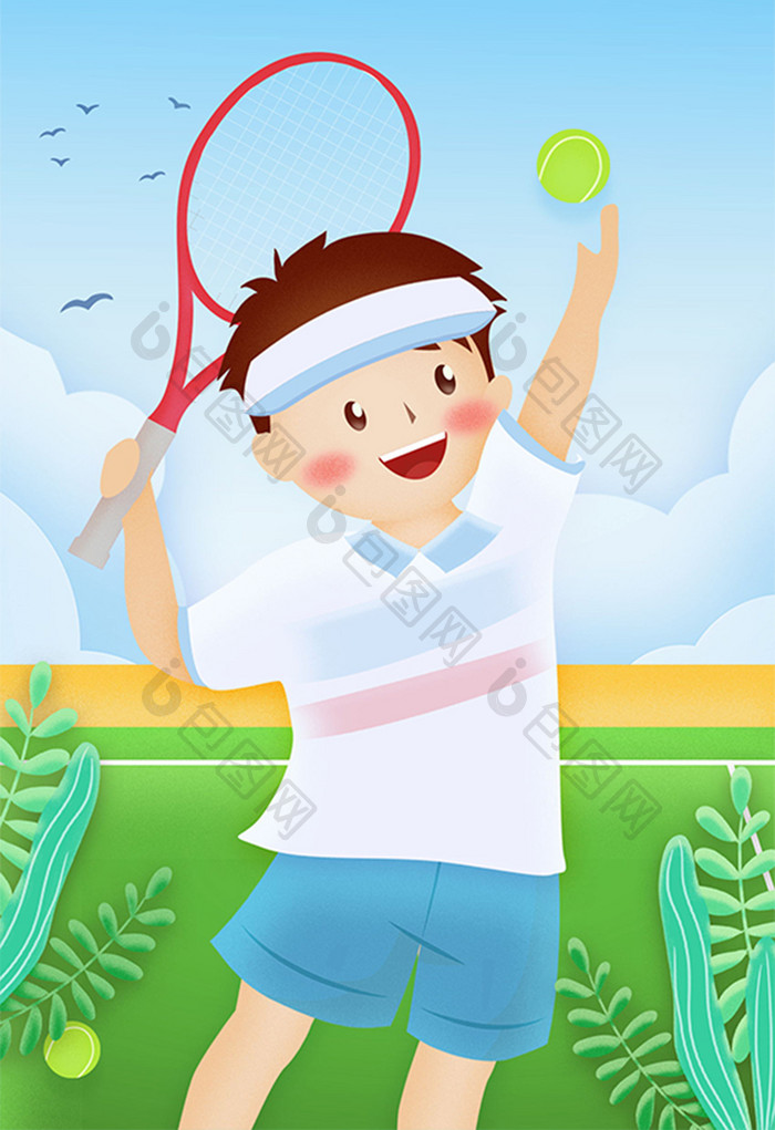 动感清新暑假男孩打网球插画设计