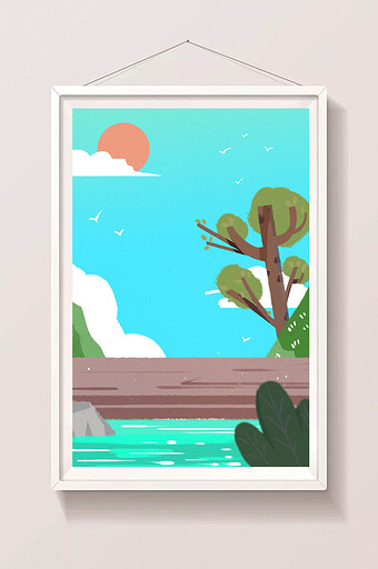 夏季旅行湖边插画背景图片