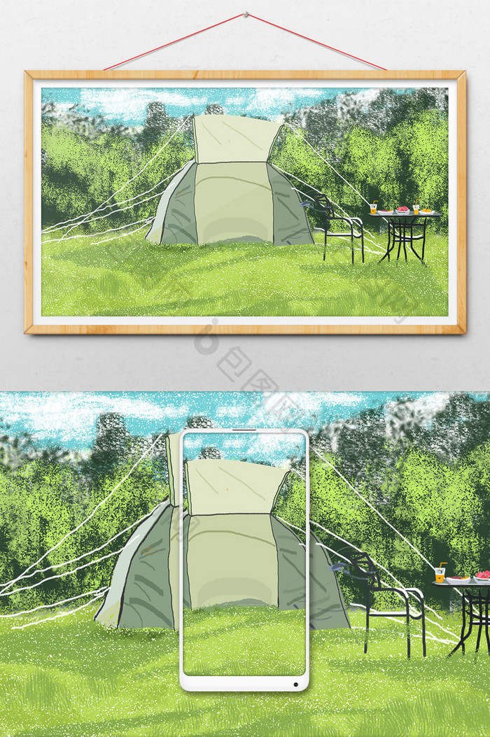 绿色帐篷插画背景