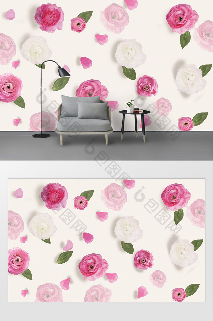 现代简约立体粉色玫瑰花卉电视背景墙