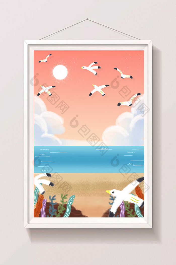 夕阳海燕插画