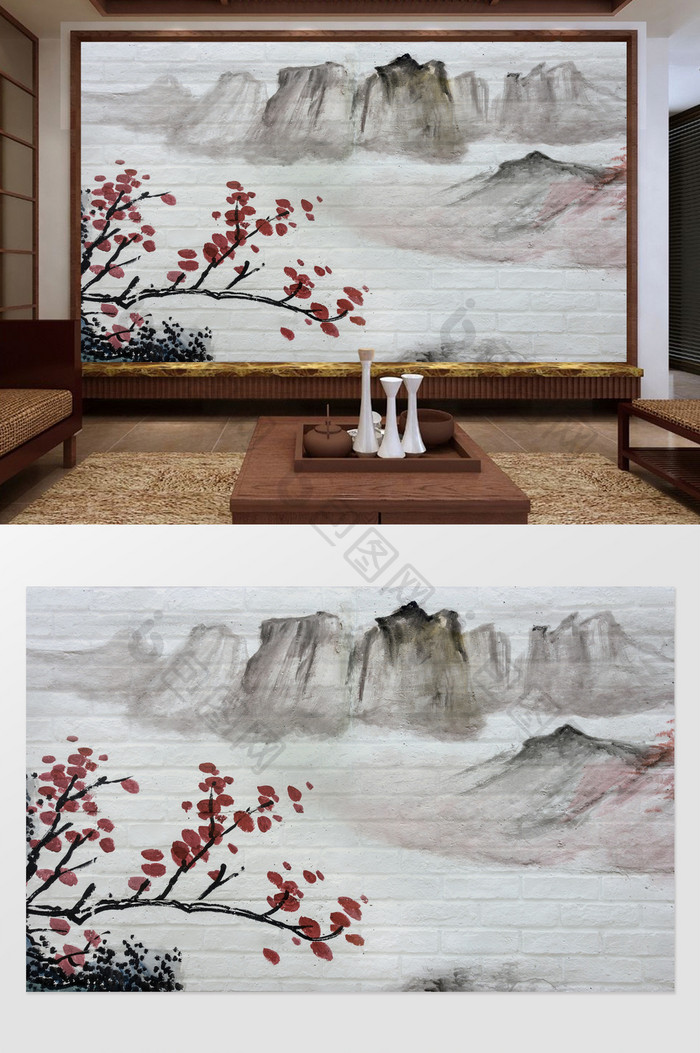 新中式纹理水墨风景电视背景墙