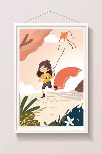 夏天放假放风筝假日暑假儿童插画图片