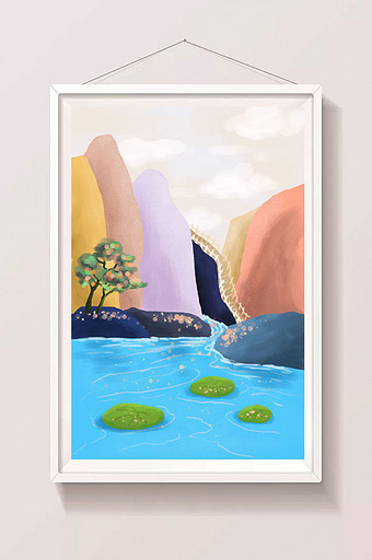 清新夏天山川河流山水风景手绘插画背景素材图片